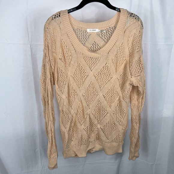 Blu Pepper Sweater Open Crochet Knit U-Scoop Neck Long Sleeve Top Pullover Shirt - Picture 7 of 12
